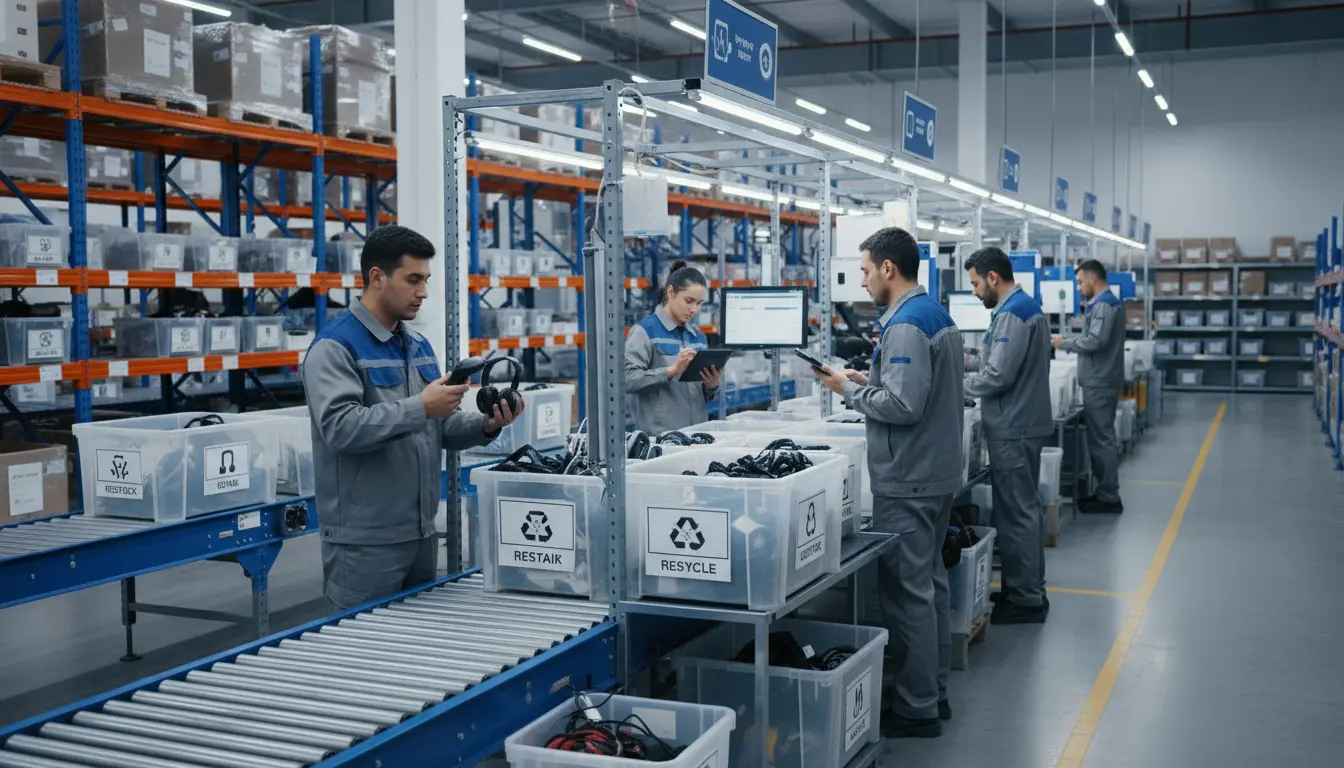 Warehouse team inspecting and sorting returned ecommerce products in a reverse logistics operation.