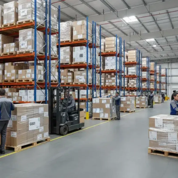 Warehouse staff preparing retailer-compliant wholesale shipments with carton labels and ASN verification.
