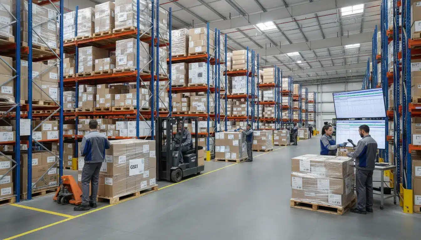 Warehouse staff preparing retailer-compliant wholesale shipments with carton labels and ASN verification.