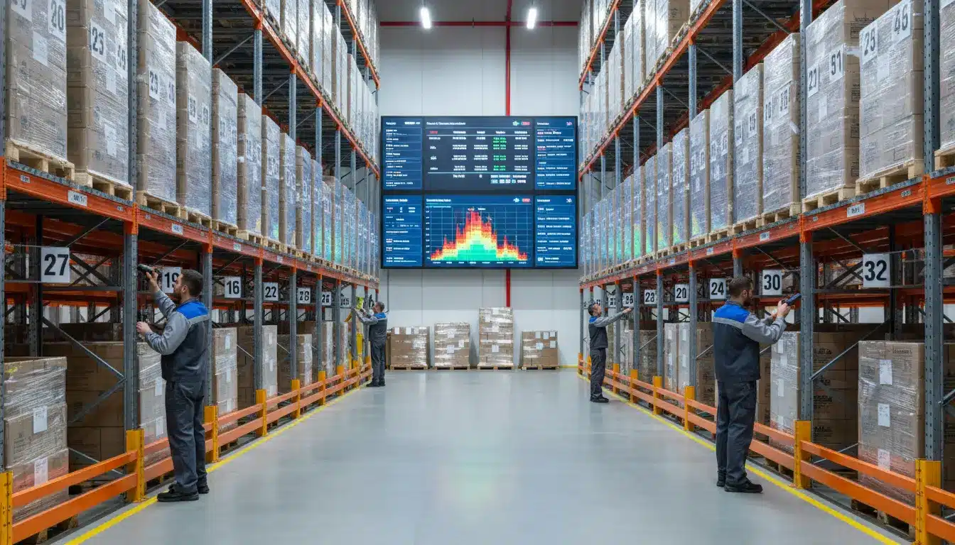Warehouse staff performing inventory cycle counts and barcode scanning inside a modern 3PL warehouse.