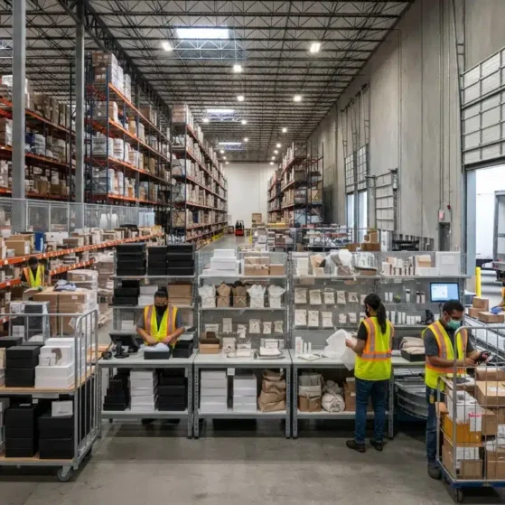Warehouse team assembling promotional campaign kits for ecommerce and retail distribution in Canada