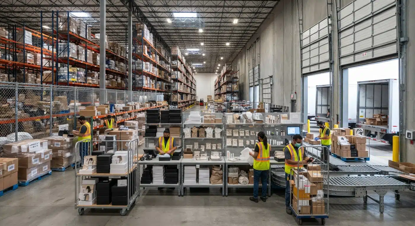 Warehouse team assembling promotional campaign kits for ecommerce and retail distribution in Canada