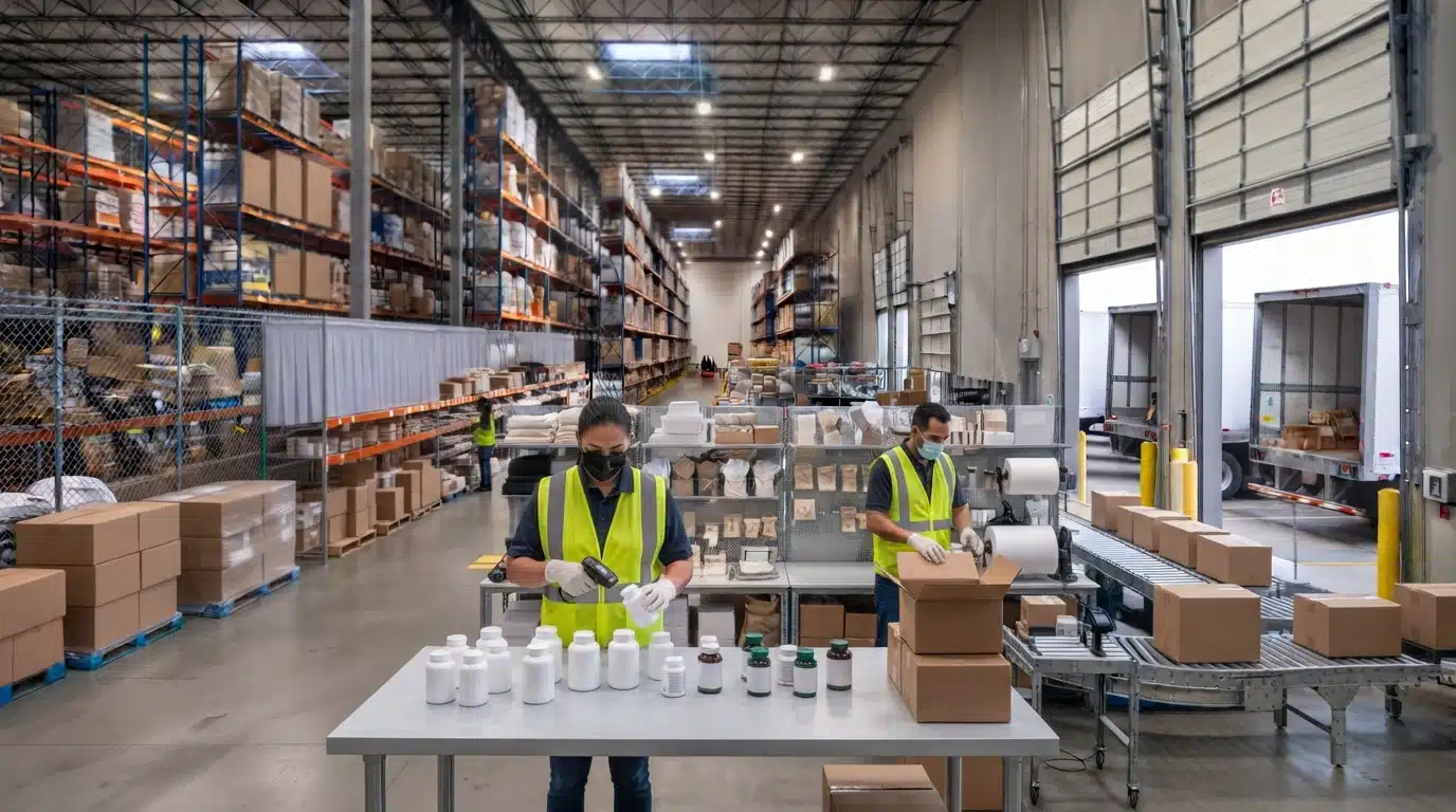 Warehouse team handling natural health products with lot tracking and inventory control