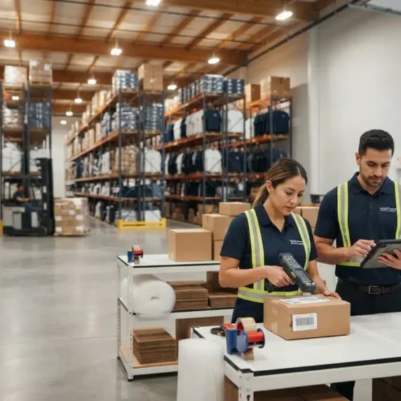 Warehouse team members using handheld scanners and tablets to manage inventory inside a large, modern full-service 3PL fulfillment centre in Vancouver, Canada.
