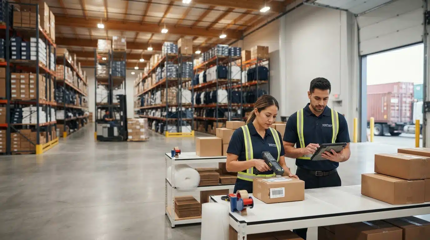 Warehouse team members using handheld scanners and tablets to manage inventory inside a large, modern full-service 3PL fulfillment centre in Vancouver, Canada.