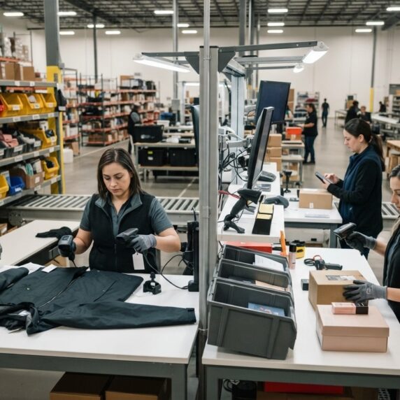 Warehouse team inspecting returned products for resale and inventory reintegration in a Canadian 3PL facility