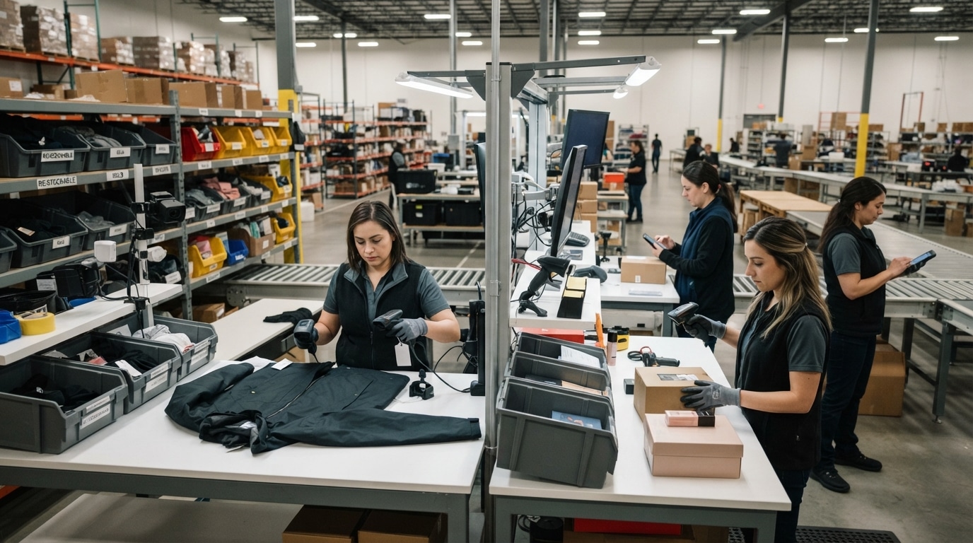 Warehouse team inspecting returned products for resale and inventory reintegration in a Canadian 3PL facility