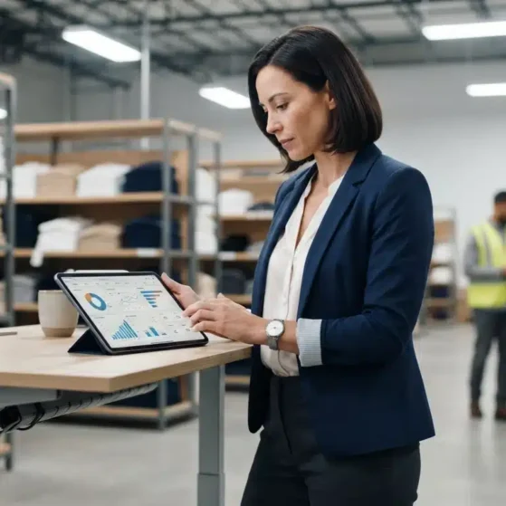 Operations manager reviewing apparel fulfillment KPI performance data on a tablet inside a modern 3PL warehouse, with shelves of fashion inventory visible in the background.
