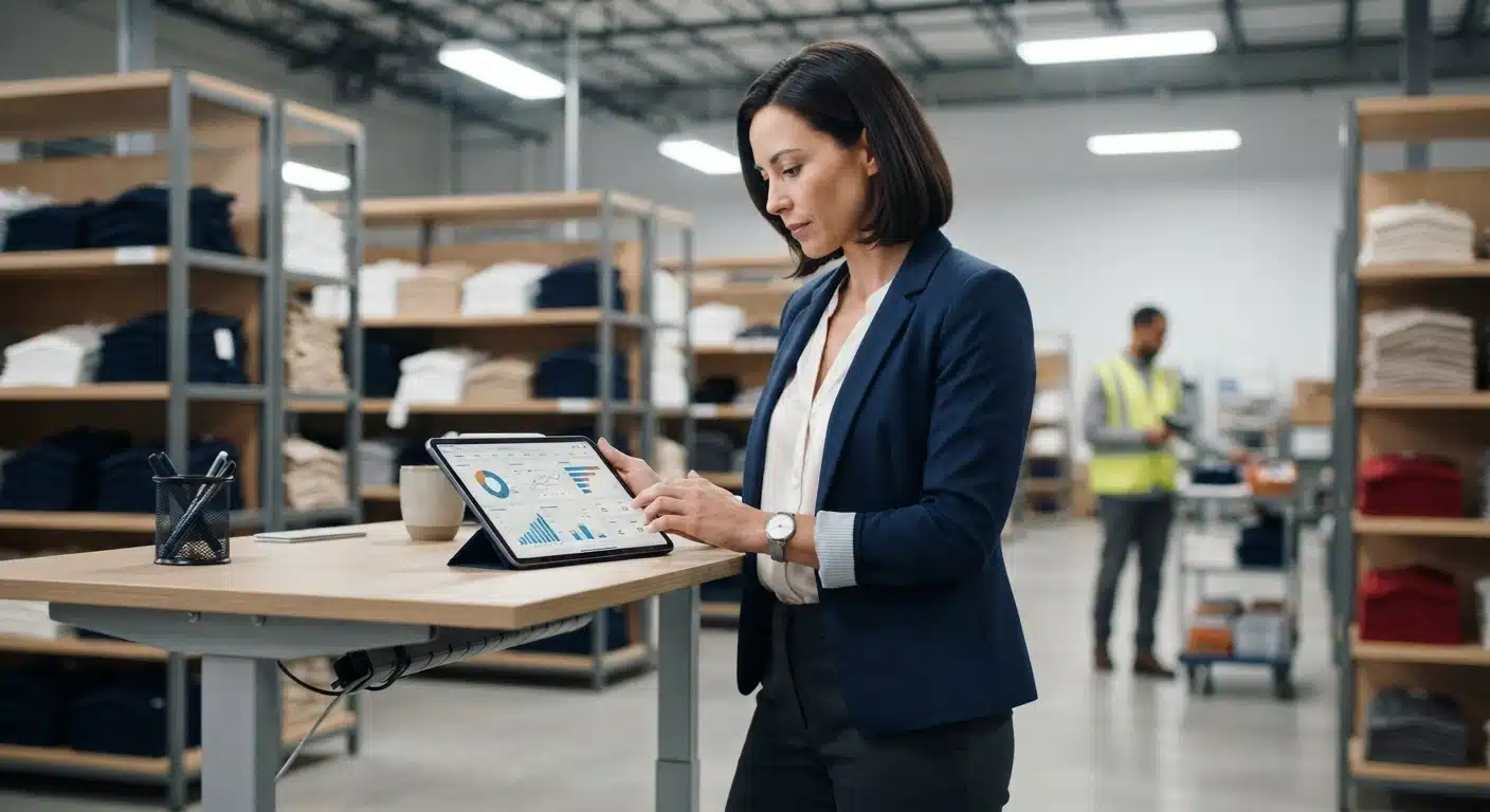 Operations manager reviewing apparel fulfillment KPI performance data on a tablet inside a modern 3PL warehouse, with shelves of fashion inventory visible in the background.