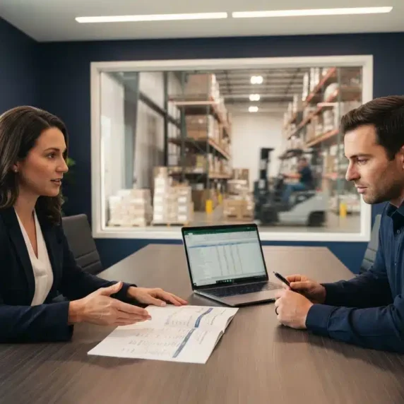 Two business professionals reviewing a 3PL fulfillment pricing proposal across a table, with a Canadian warehouse floor visible through a glass window in the background.