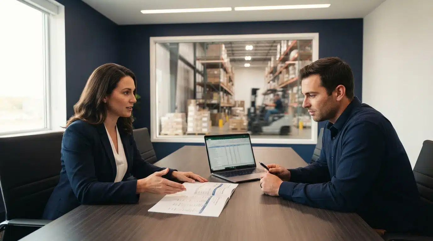 Two business professionals reviewing a 3PL fulfillment pricing proposal across a table, with a Canadian warehouse floor visible through a glass window in the background.