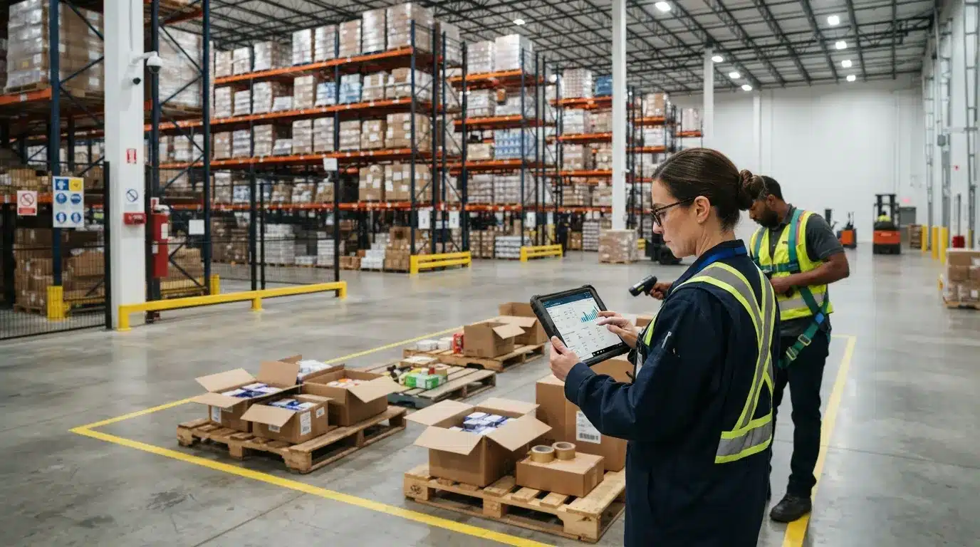 Operations manager auditing warehouse inventory and risk controls inside a secure Canadian 3PL facility