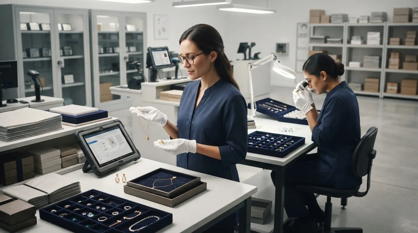 Warehouse associate carefully verifying fine jewelry orders at a premium fulfillment packing station