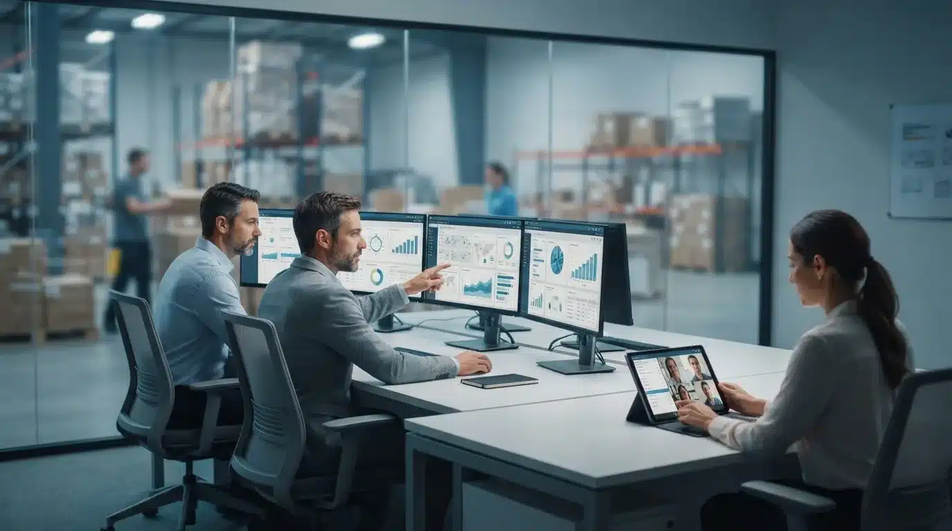 Operations team reviewing order exceptions and approvals across multiple sales channels in a modern fulfillment office