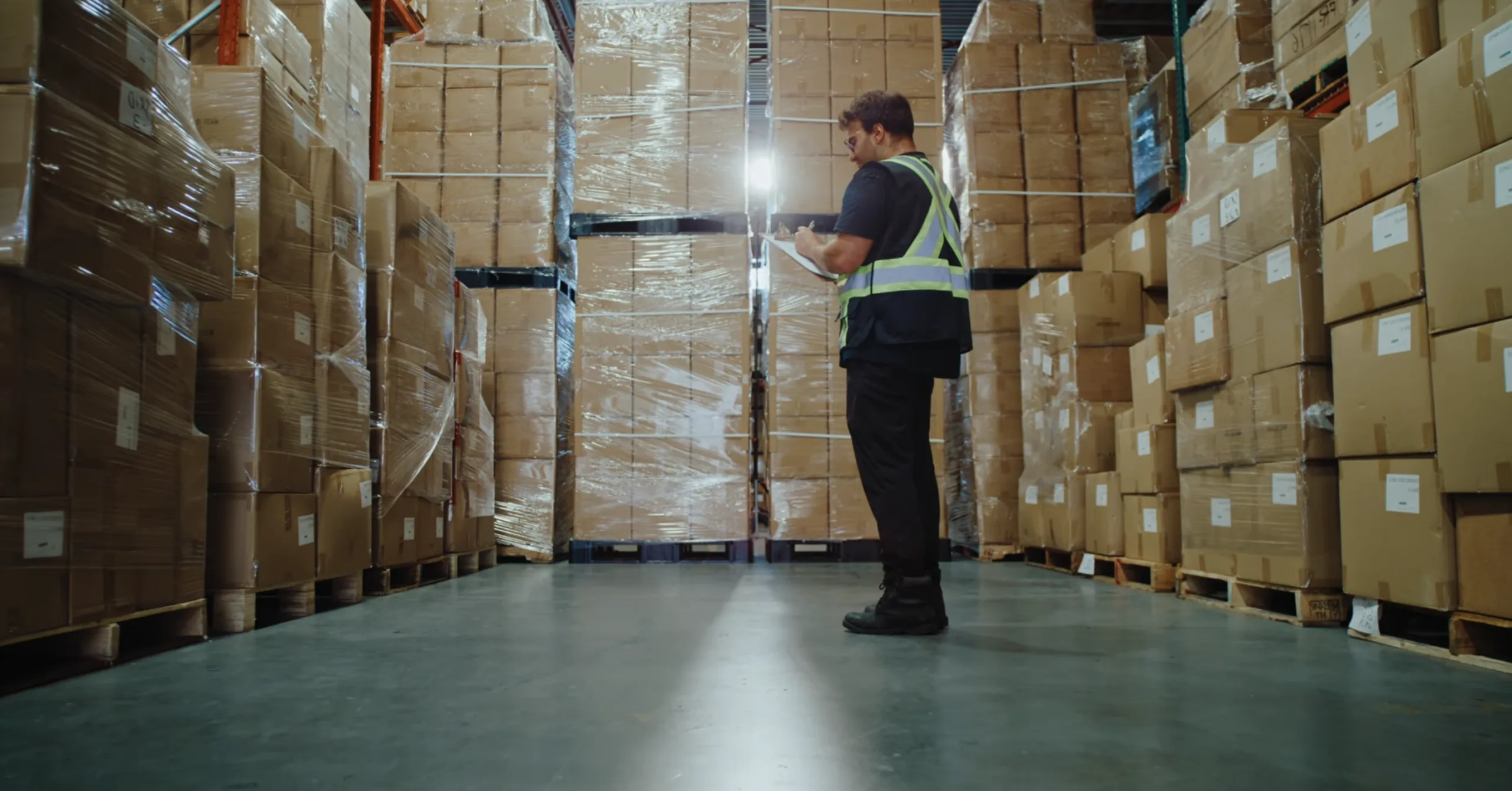 A worker stands in a fulfillment warehouse.