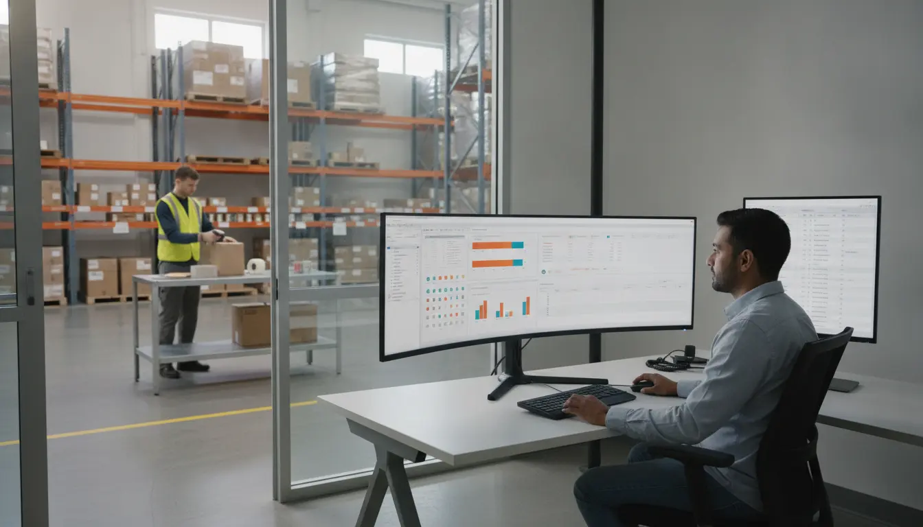 Operations manager reviewing ERP and warehouse inventory data while a 3PL worker scans inventory