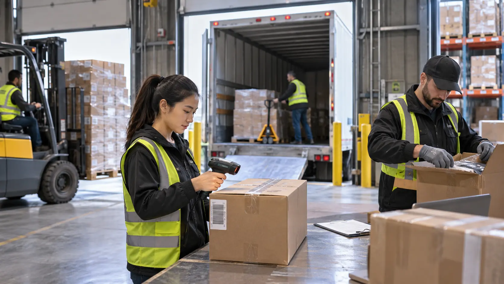 Warehouse workers inspecting, scanning and receiving inbound inventory at a loading dock